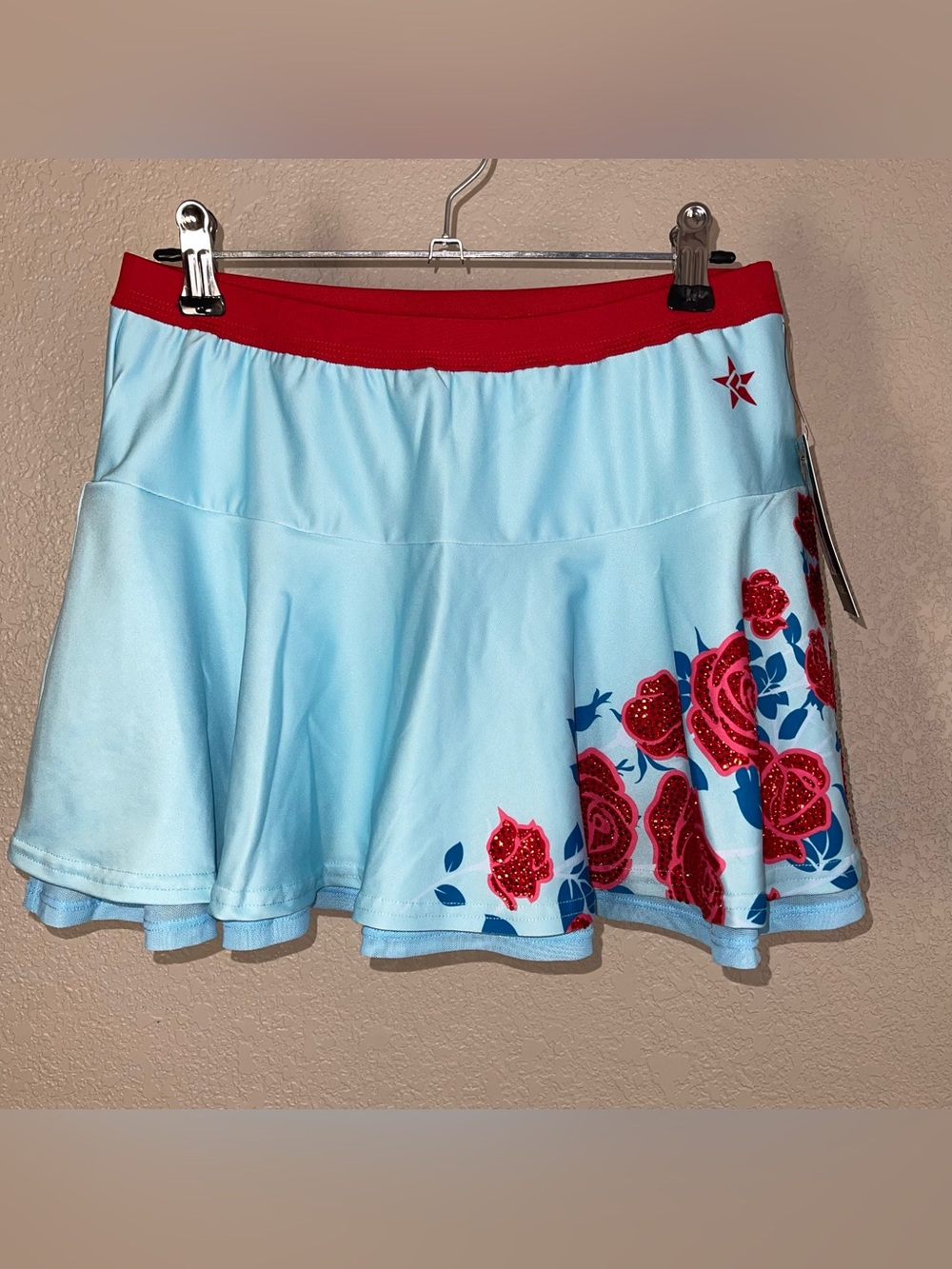 Light Blue Skater Skirt with Red Floral Accents and Red Waistband